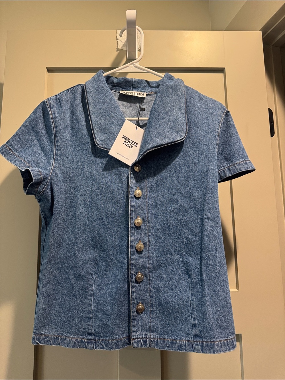 Princess Polly Blue Denim Short-Sleeve Button-Up Top